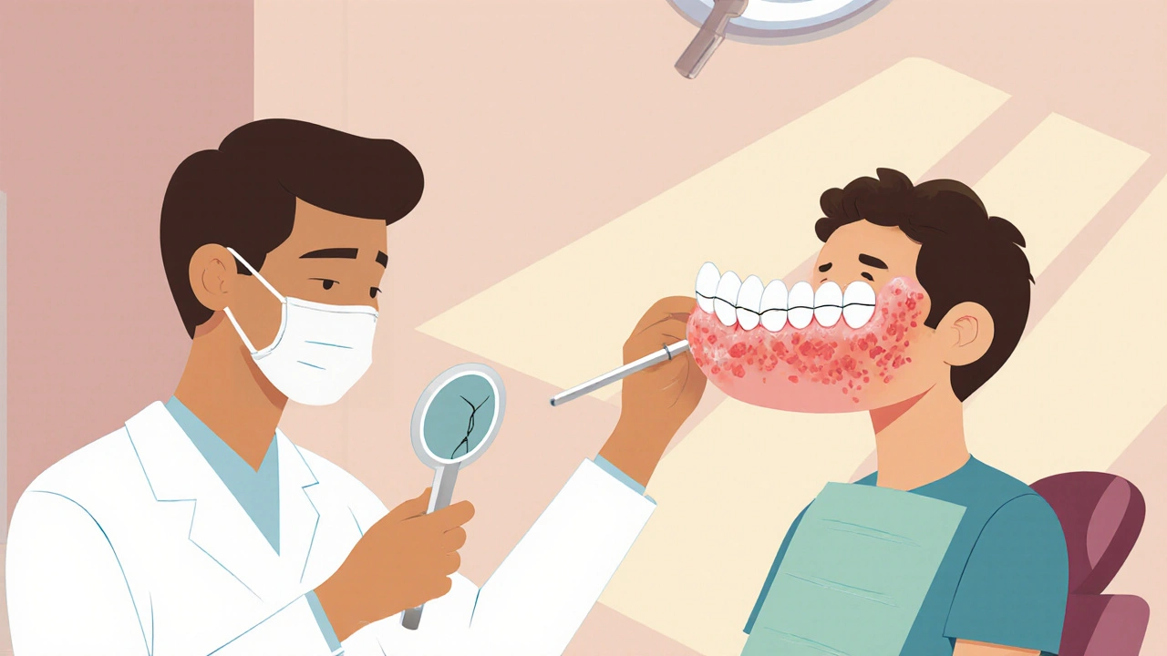 Dentista kontroluje keramickou korunku, pacient má mírnou nepohodlí a zanícené dásně.