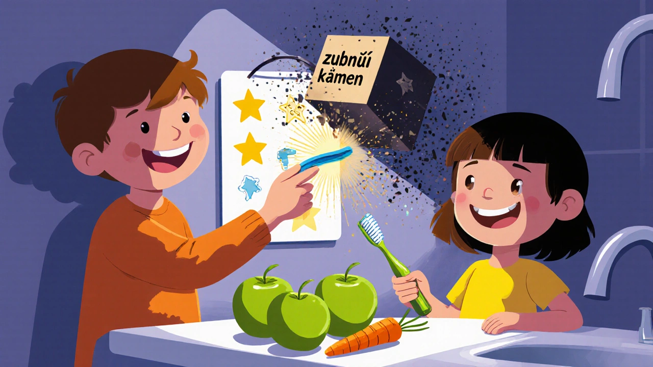 Dvě děti slaví správnou péči o zuby s hvězdičkami na tabuli a zdravými potravinami.