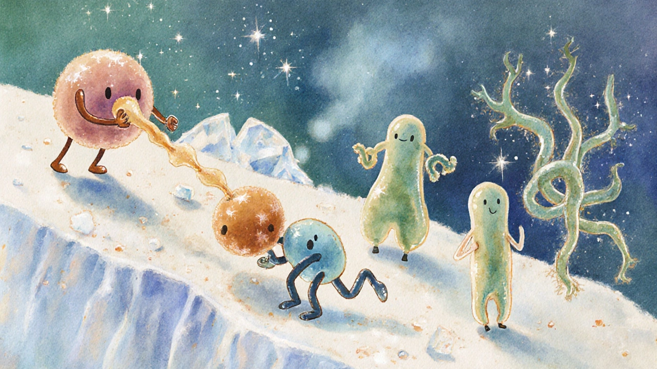 Ilustrace čtyř druhů kazových bakterií uprostřed cukrových krystalů.