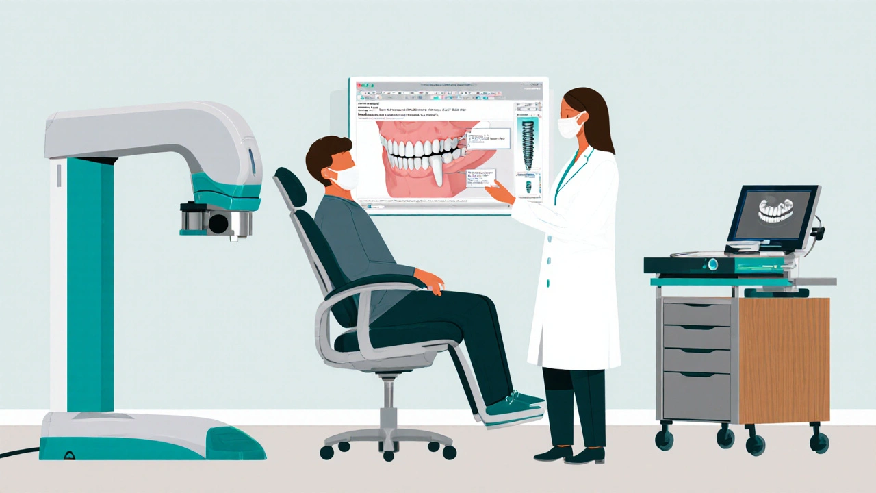 Ilustrace zubní konzultace s 3‑D modelem implantátu, CT a intraúrovým skenerem v moderní ordinaci.