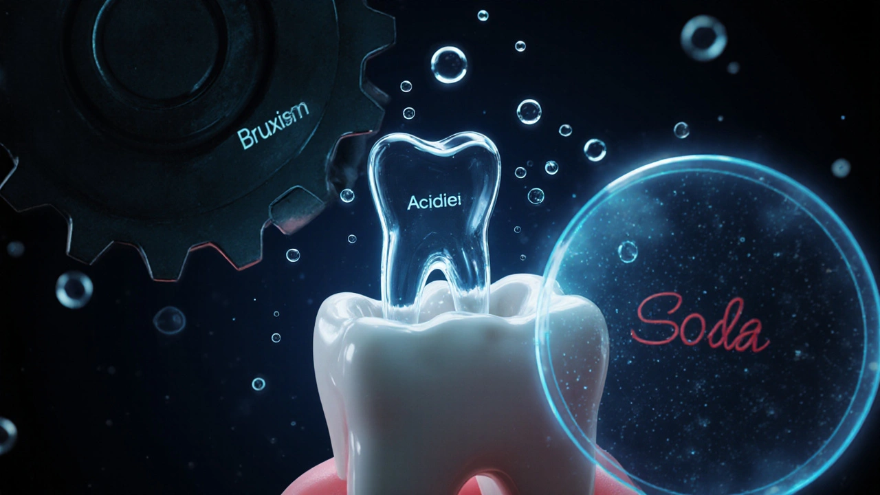 Konceptuální obrázek plomby pod tlakem a kyselosti s fluoridovou ochranou