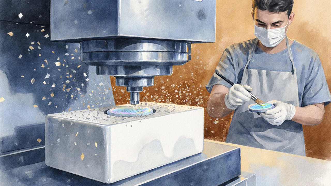 Laboratorní proces řezání a glazování keramické fazety.
