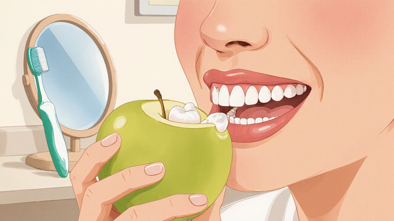 Osoba opatrně žvýká jídlo na druhé straně úst