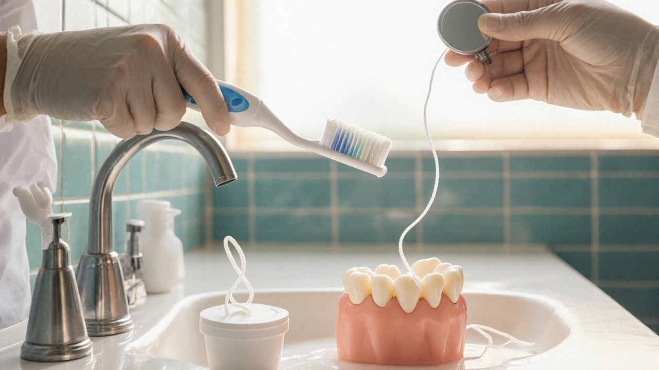 Osoba si čistí zuby fluoridovou pastou a používá dentální nit, v pozadí zubní lékař.