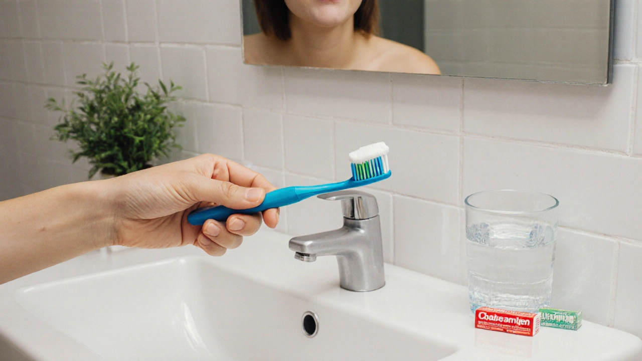 Osoba si čistí zuby kartáčkem s fluoridovou pastou v jasně osvětlené koupelně.