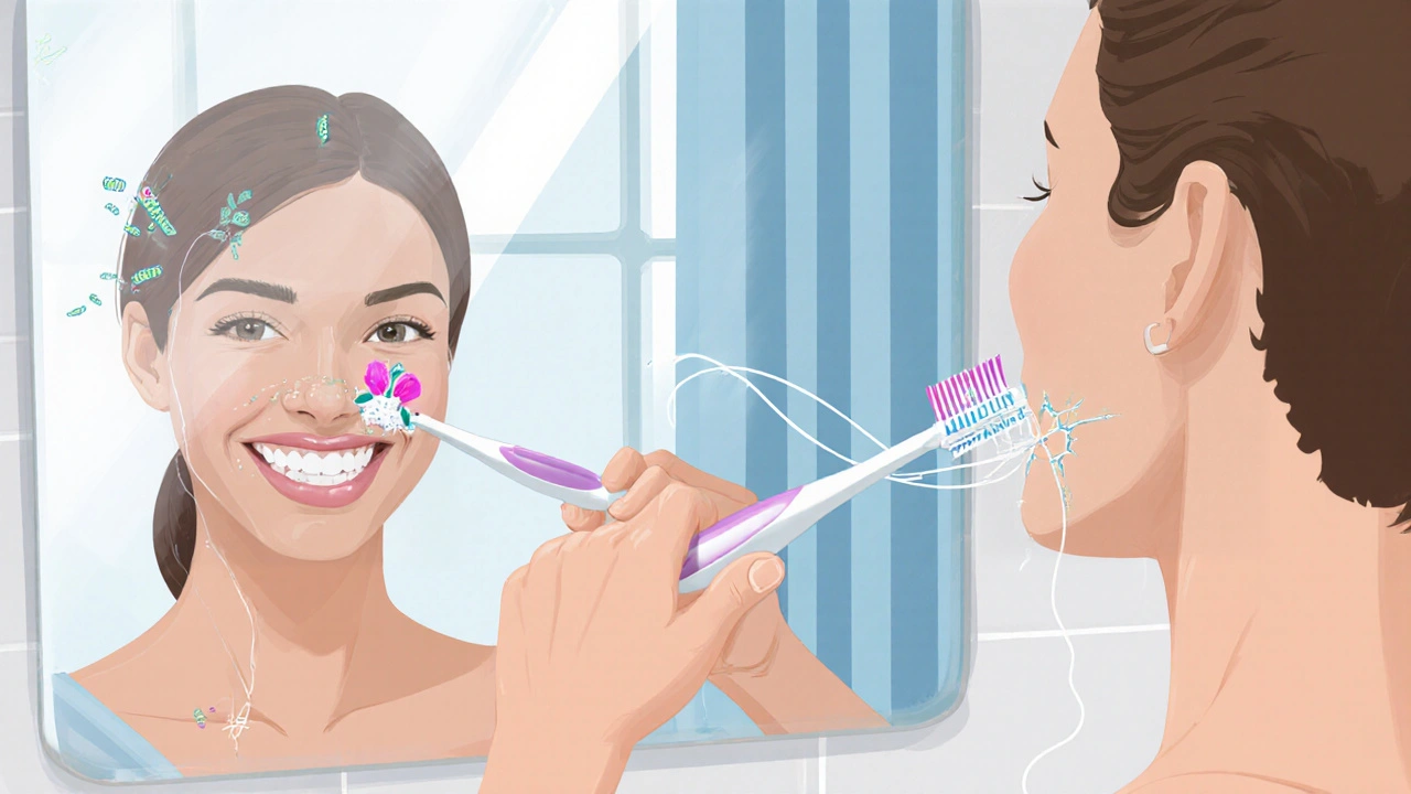 Pacient čistí zuby kartáčkem a nití, zaměřeno na oblast plomby s přirozeným osvětlením.