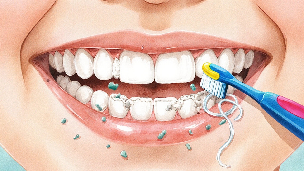 Přehled úst dítěte s viditelným nánosem plaku na dásních a čistícími nástroji.