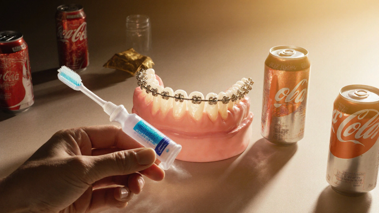 Ruce drží interdentalní kartáček a fluoridový gél, zuby se pomalu obnovují.