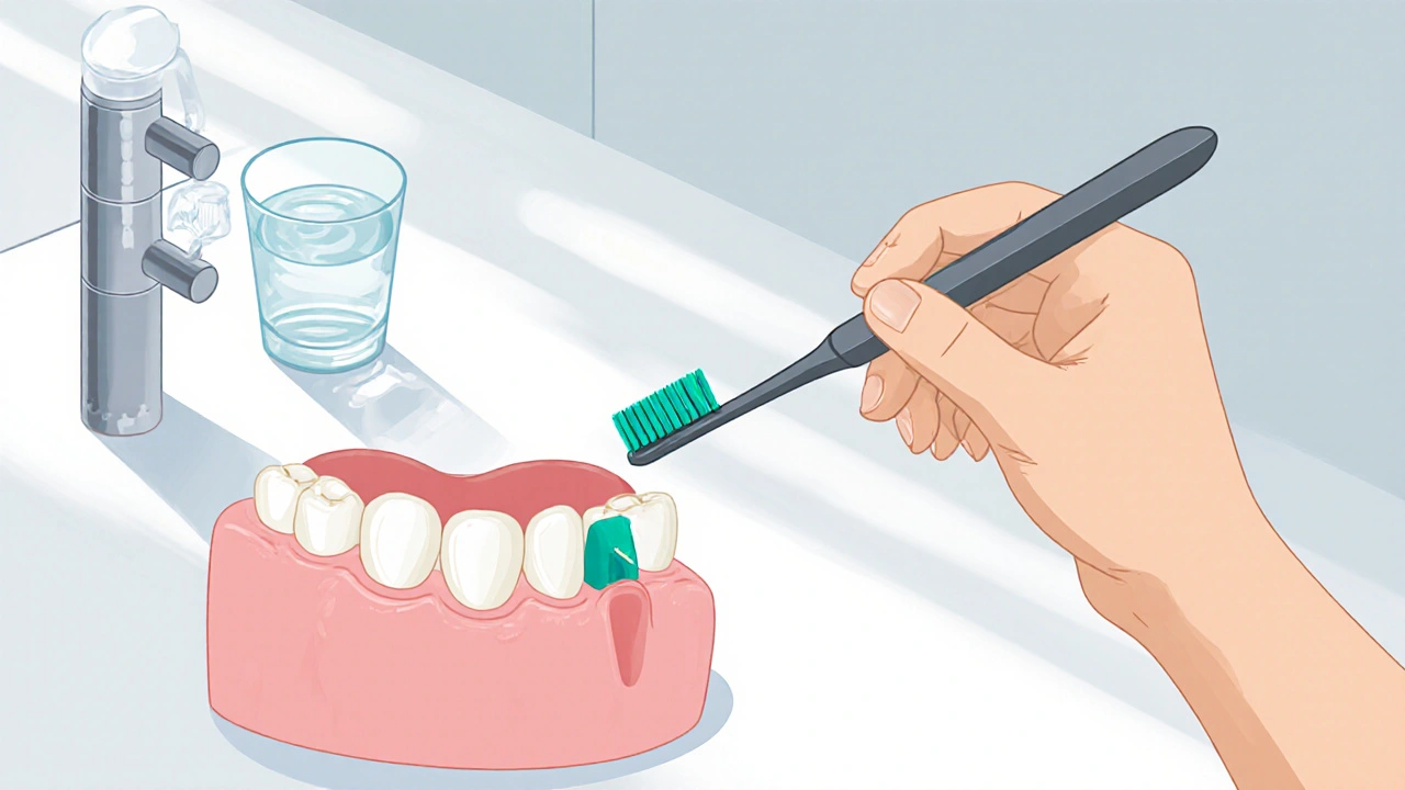 Ruka s mezizubním kartáčkem vkládá ho pod úhlem 45° do mezery mezi zuby.