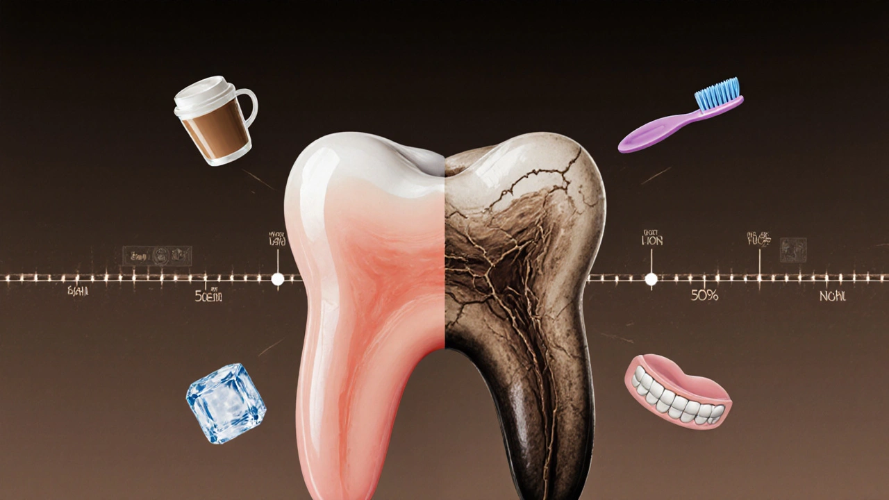 Umělecké znázornění stárnutí kompozitní plomby s symboly ovlivňujícími její životnost.