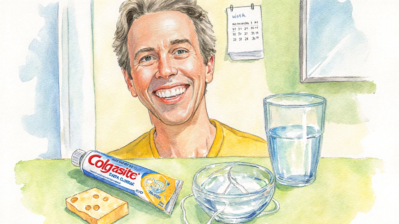 Usměvavá osoba s bílými zuby, zubní pastou, sýrem a sklenicí vody symbolizuje prevenci kazu.