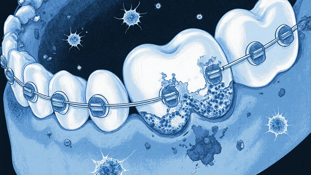 Zub pod mikroskopem s poškozeným emailem a bakteriemi kolem rovnátek.