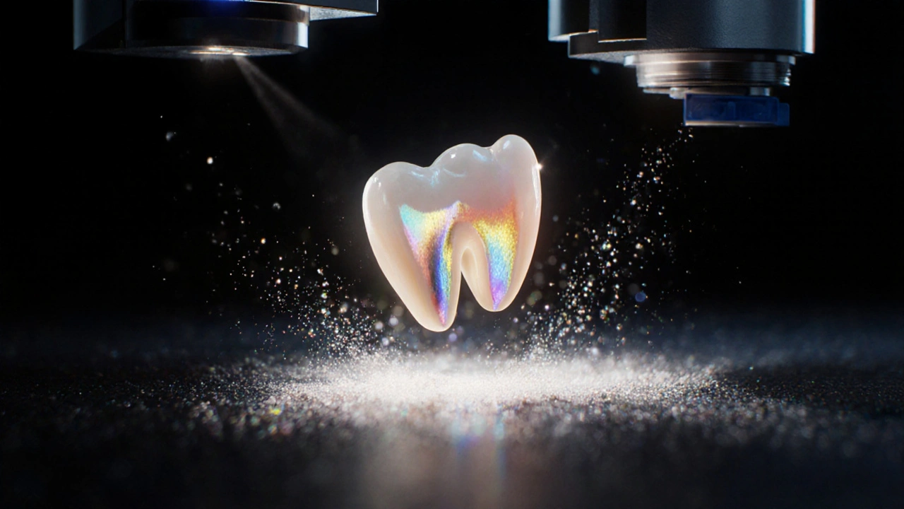 A translucent ceramic veneer glowing with natural light, surrounded by digital scanning beams.