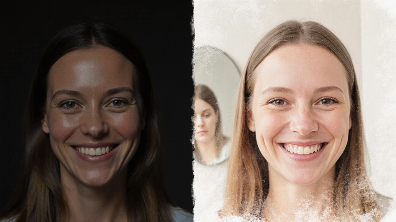 Before and after smile transformation showing dull teeth turning into radiant ceramic veneers.