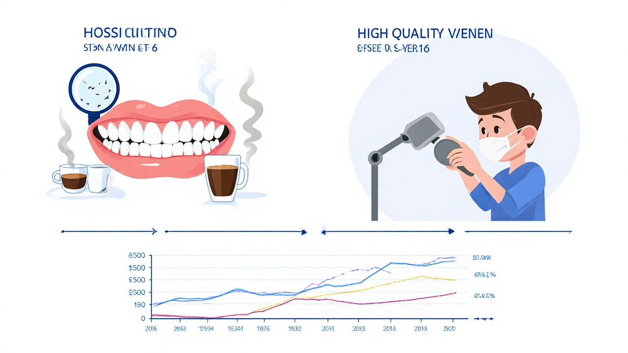 Časová osa: levné fazety se po šesti měsících poškozují, kvalitní vydrží pět let s minimální údržbou.