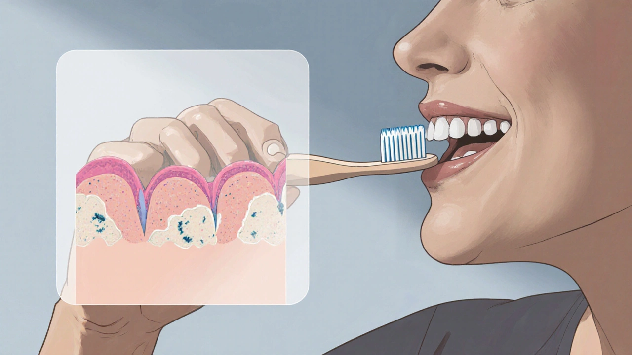 Člověk jemně čistí zuby jemným kartáčkem, s náznakem postupného poškozování zubu.