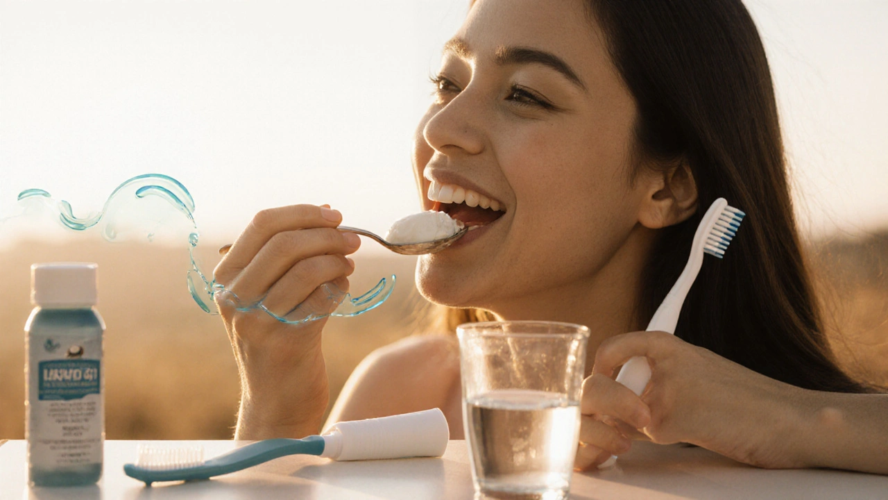 Člověk provádí olejové čištění úst s kokosovým olejem ve světle rána.