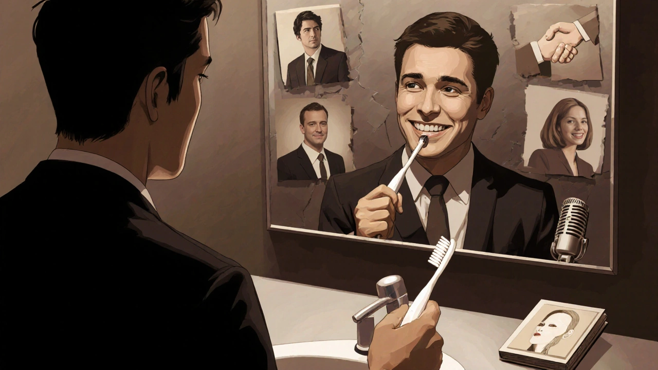 Člověk se dívá do zrcadla a vidí skvrny na zubech, zatímco za ním plánuje budoucnost.