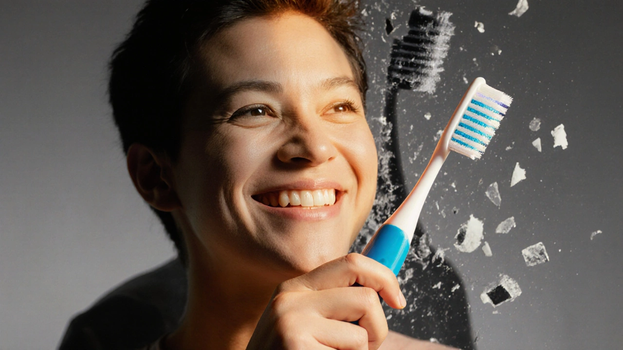 Člověk se směje se zdravými zuby, drží Curaprox kartáček, za ním se rozpadá špatný kartáček.