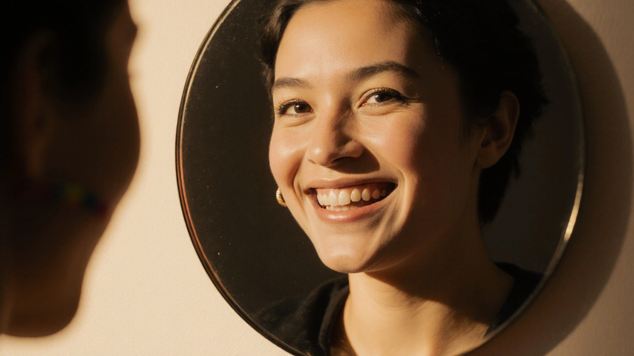 Člověk se usmívá do zrcadla s gumičkami na rovnátkách, v odrazu viditelná předchozí podoba