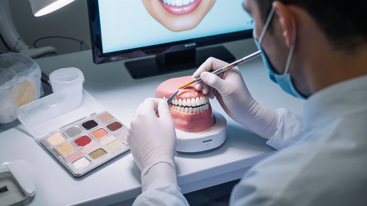 Dentální technik přesně vrství kvalitní kompozit na model zubu pod světelným zdrojem.