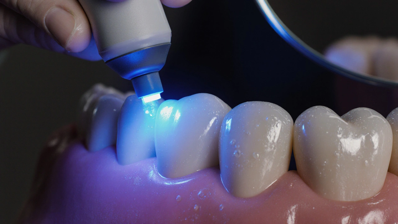 Detailní záběr keramické fazety přilepené na zub pomocí světelného zpevňování.