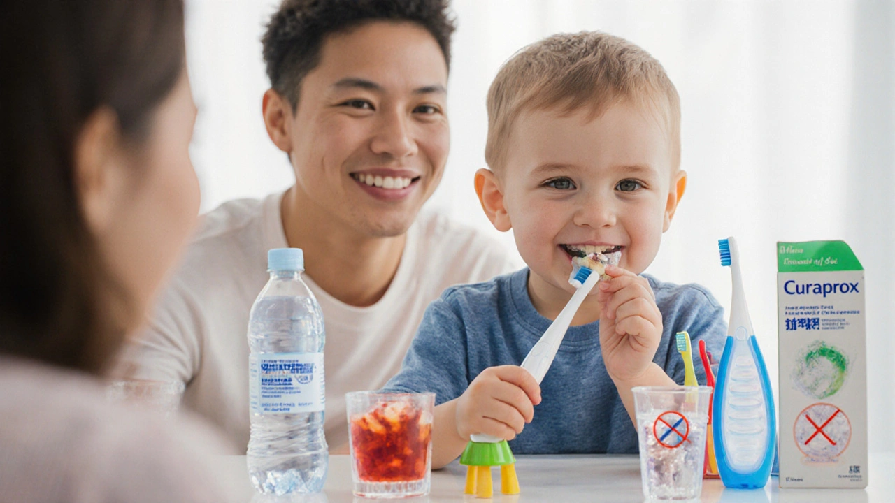 Dítě hraje s kartáčkem, kolem něj bezpečné volby, bez sladkostí a ledových předmětů.