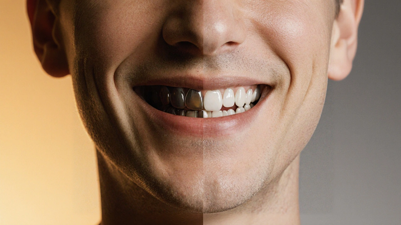 Dvě strany obrazu: jedna ukazuje skrývání úsměvu z důvodu tmavých plomb, druhá ukazuje důvěrný úsměv s přirozeně vyrovnánými plombami.