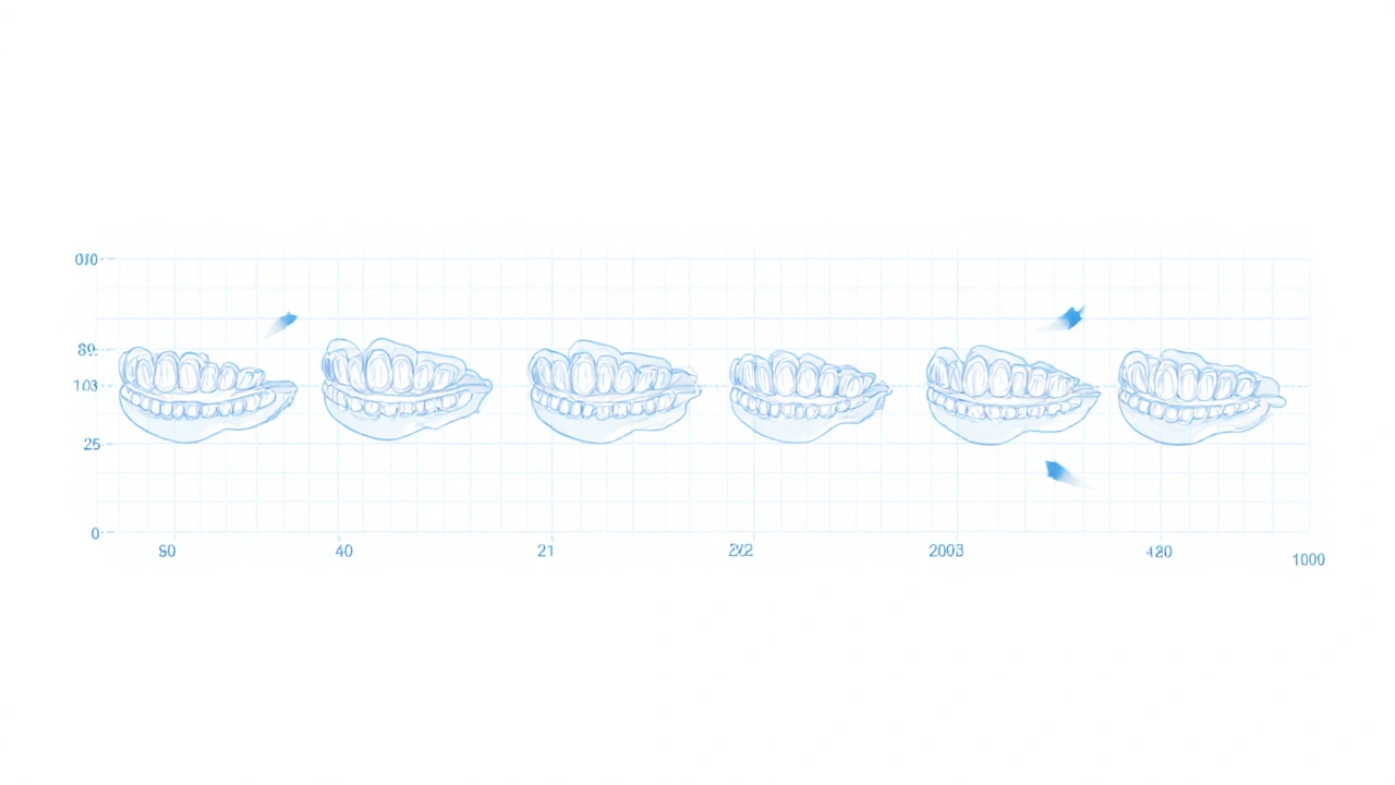 Grafické znázornění postupného posunu zubů pomocí šesti sad alignerů.