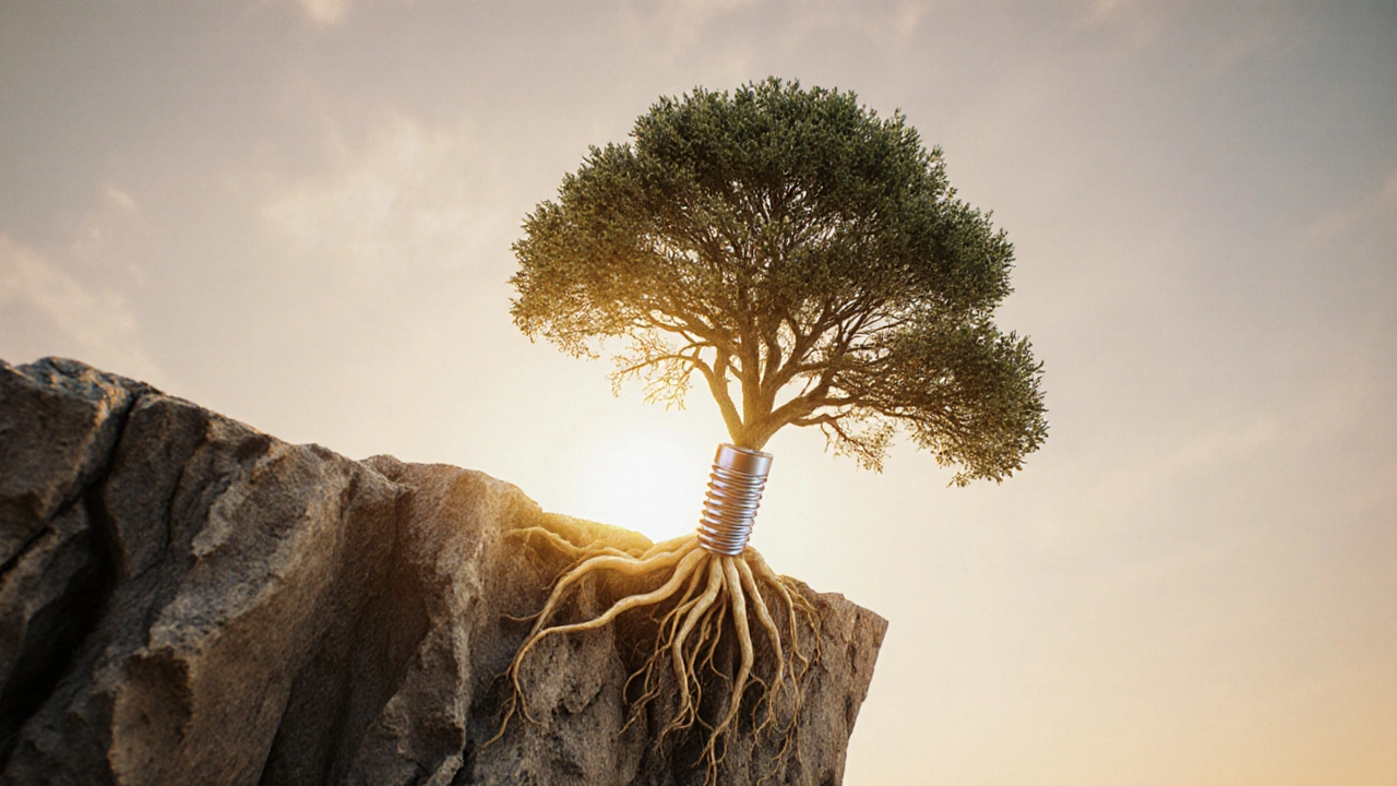 Implantát jako strom s kořeny, které stabilizují rozpadající se skalní útvar.