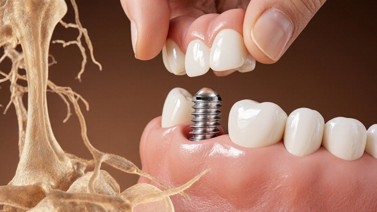 Implantát v čelisti s regenerující kostí a korunkou.