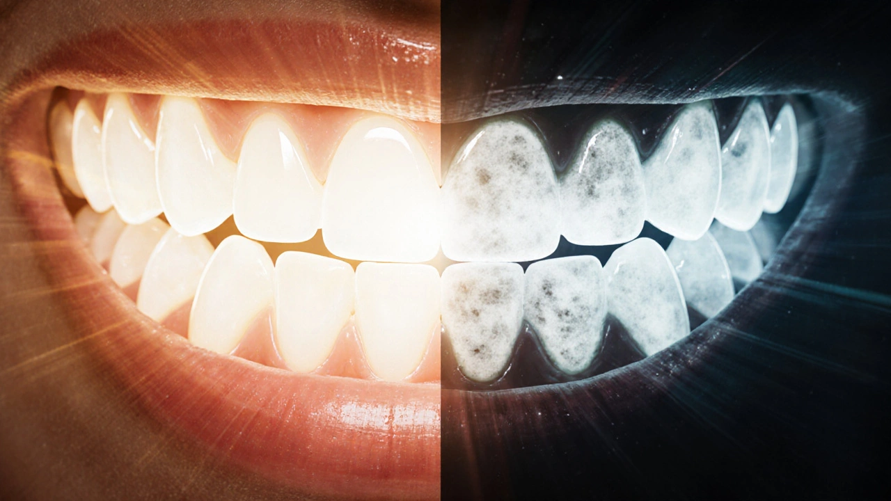 Kontrast mezi čistými a znečištěnými mezizubními prostory v ústech.