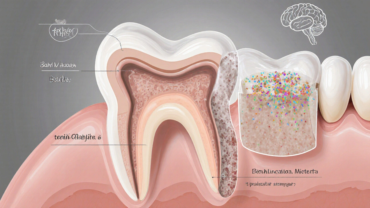 Křížový řez zubů a dásní s viditelným plakem, kamenem a bakteriemi šířícími se do těla.