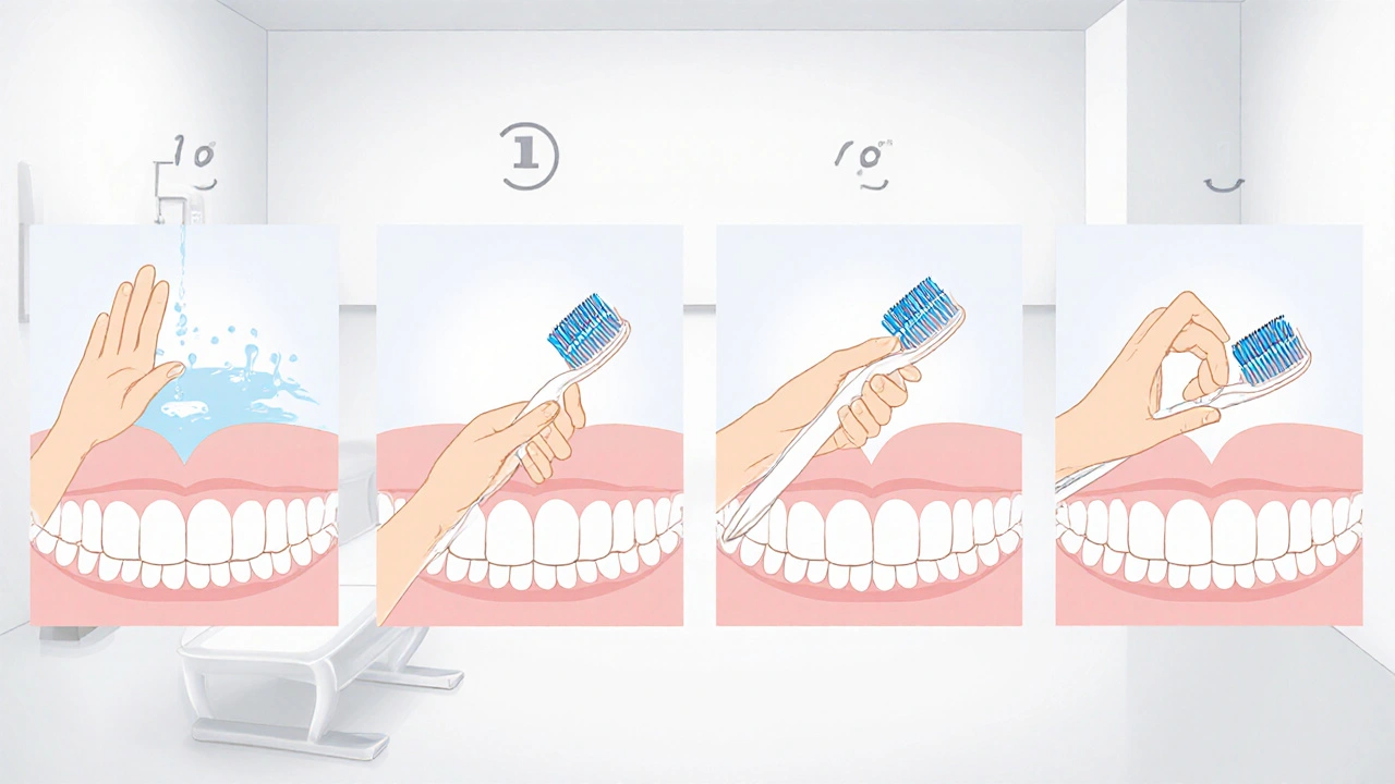 Kroky správného používání mezizubního kartáčku: výběr, vložení a pohyb.