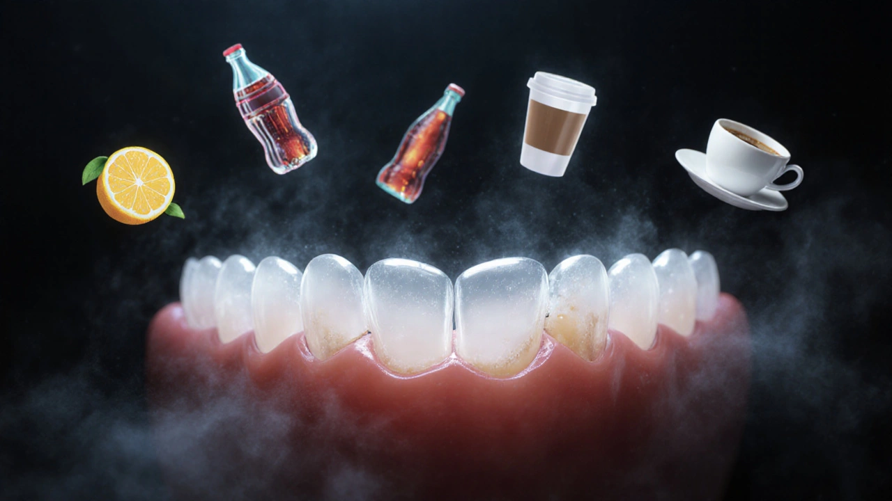 Kyselá eroze na špičácích s symboly kyselých nápojů rozplývajícími se v emalí.