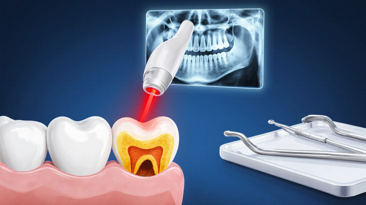 Laserový detektor měří demineralizaci mezi zuby, rentgenový snímek ukazuje hloubku kazu.