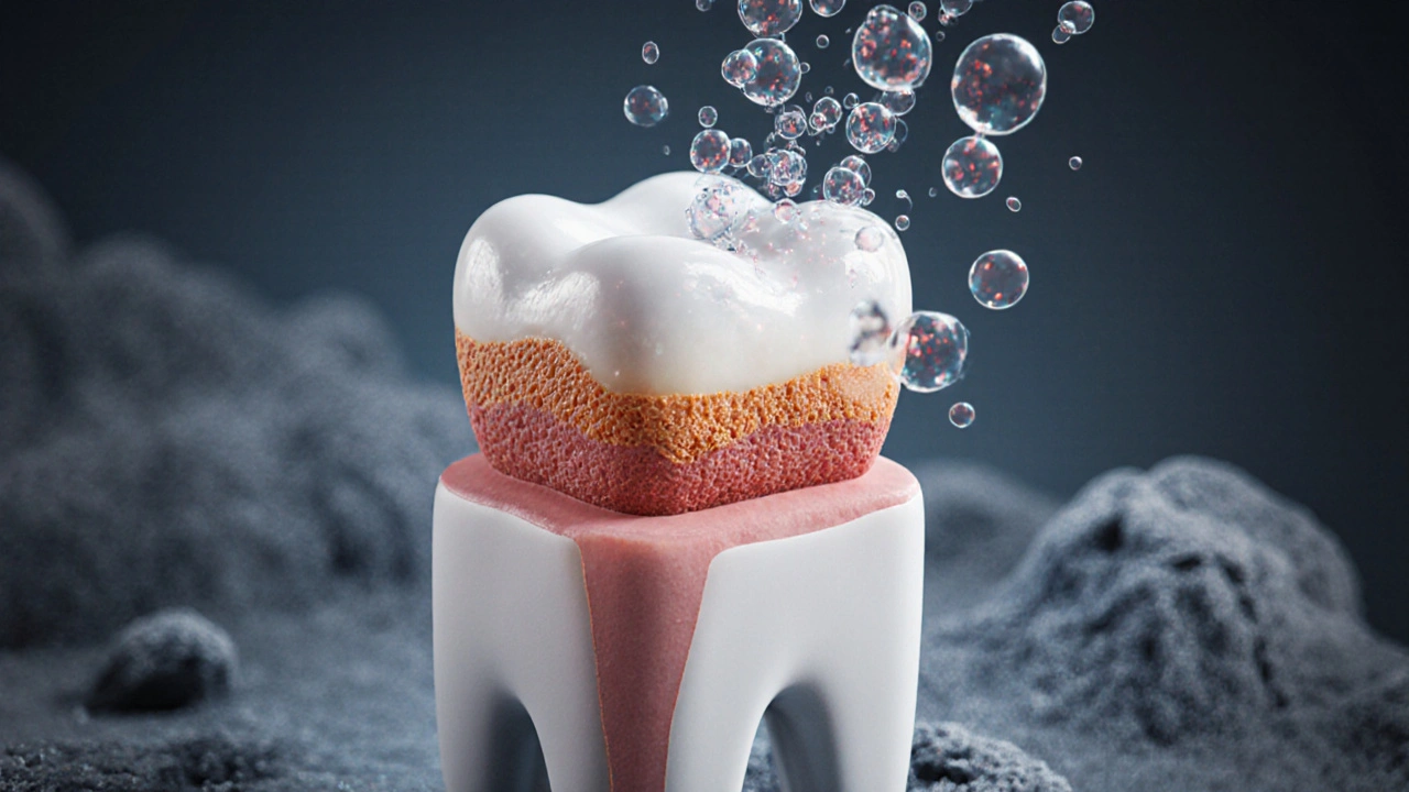 Mikroskopický pohled na bakterie, které ničí sklovinku zubu.