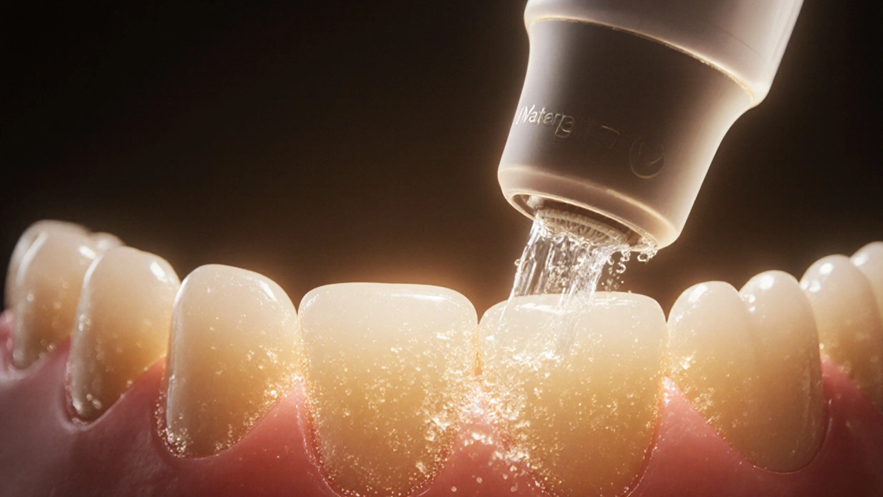 Mikroskopický pohled na dásně s jemným proudem vody čistícím plak.