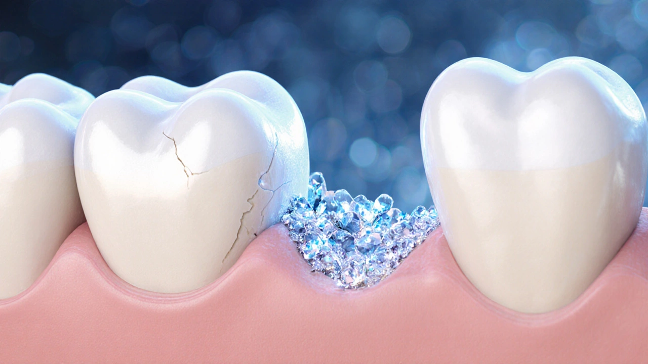 Mikroskopický pohled na obnovu zubní skloviny fluoridem a potasem nitratem.