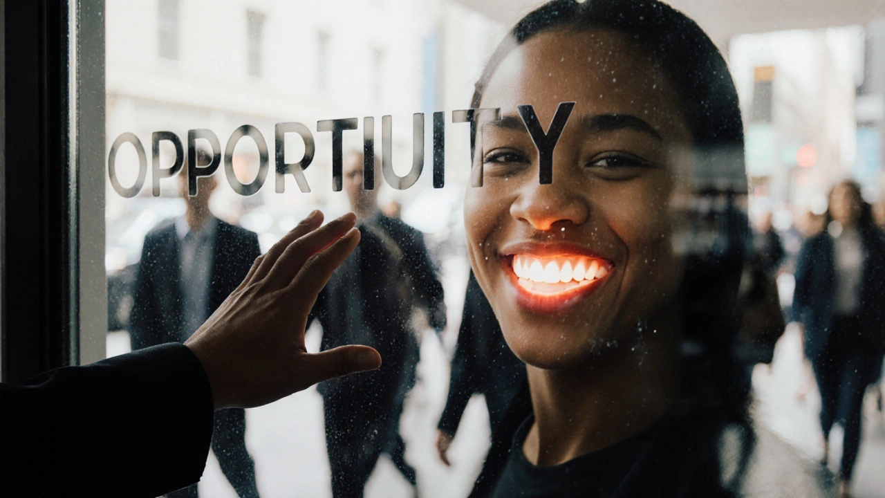 Odraz v skle ukazuje sebevědomý úsměv, ale skutečný člověk stále drží rty sevřené.