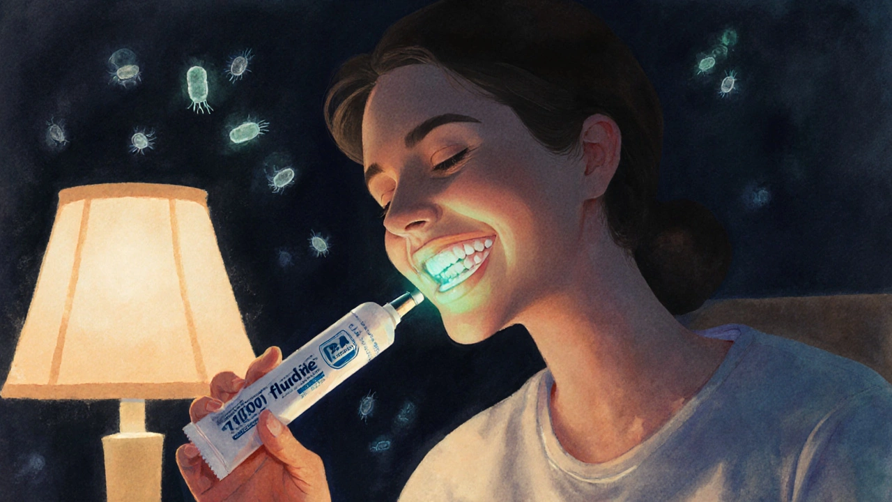 Osoba čistí mezery mezi zuby mezizubním kartáčkem večer, symbolická ochrana zubů.