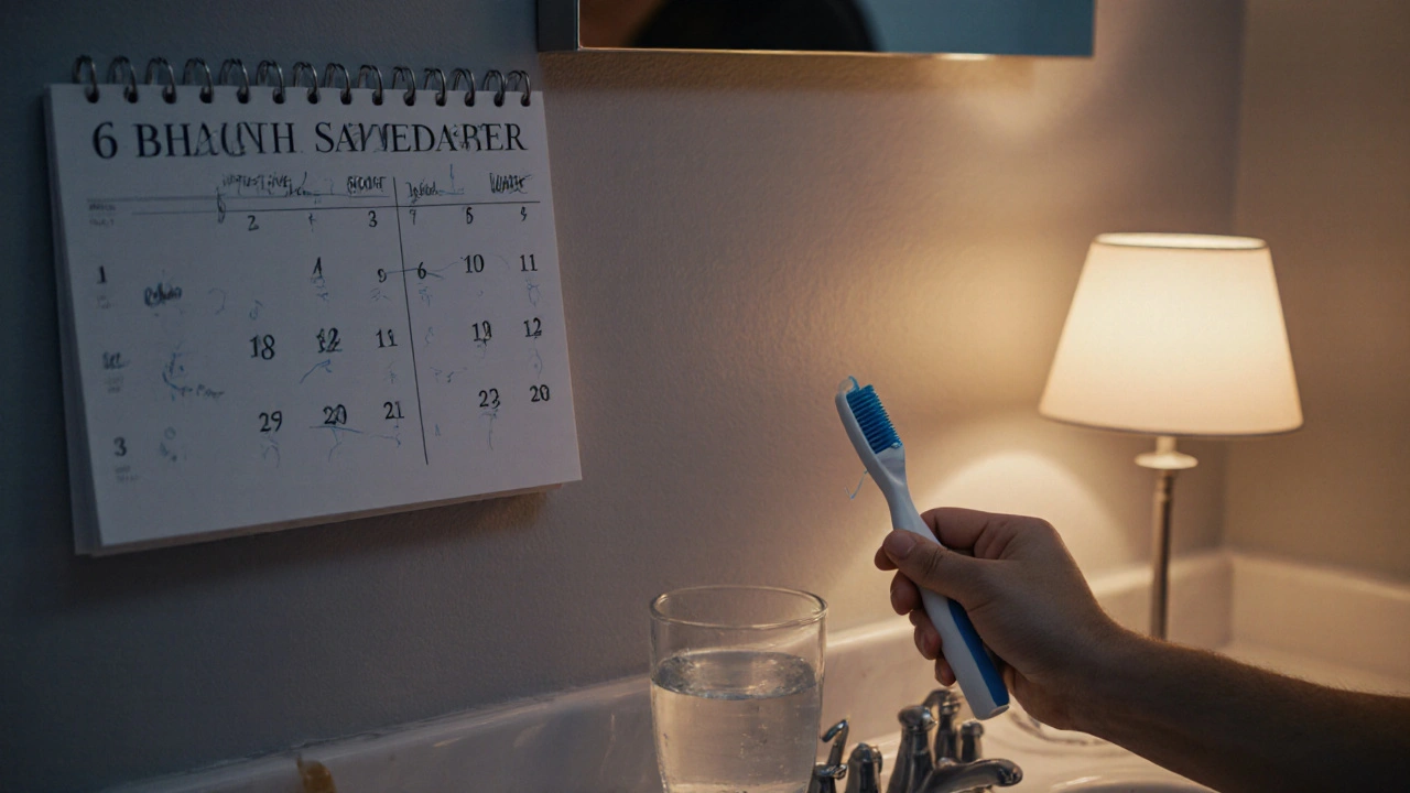 Osoba čistí zuby a používá nit ve večerní atmosféře.