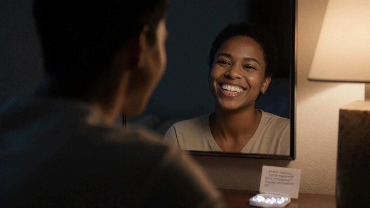 Osoba v nočním oblečení nosí retainer a usmívá se do zrcadla.