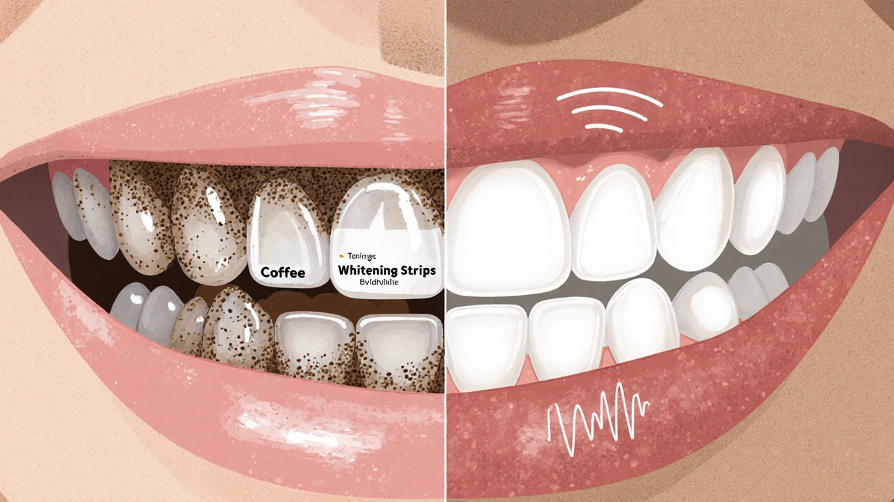 Porovnání zubu s plakem pod bělicí páskou a čistého zubu po ultrazvukovém čištění.