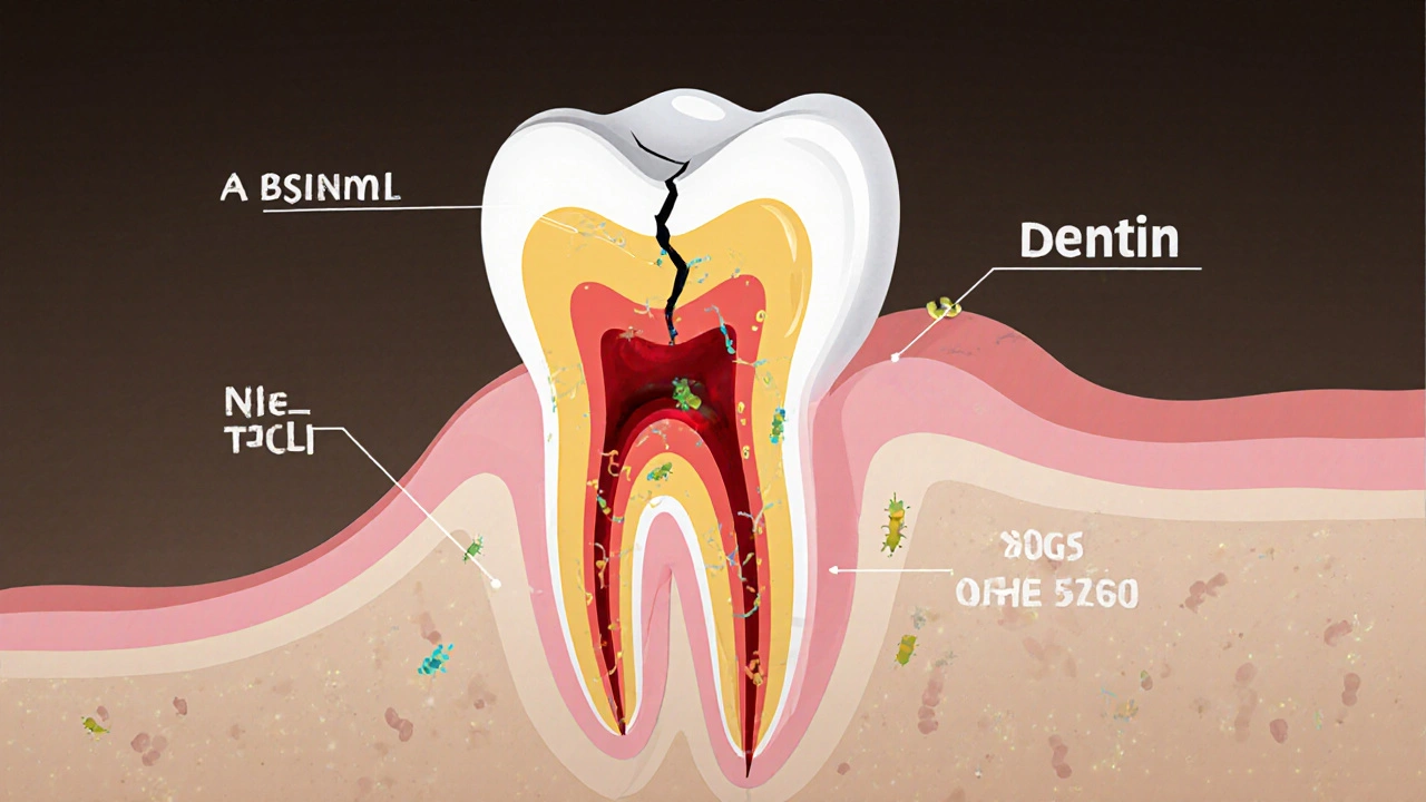 Příčný řez zubem s prasklinou šířící se k nervu a bakteriemi v kanálkách.