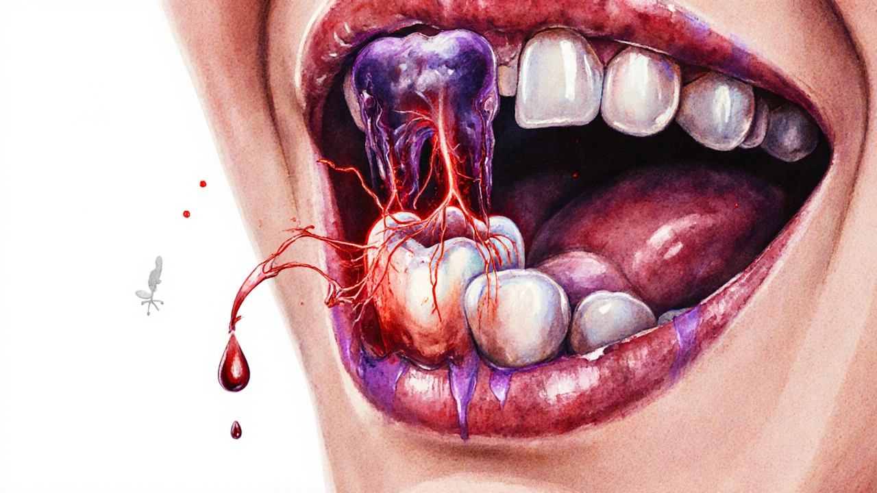 Průřez čelistí s viditelnou infikovanou osmickou a nervovými cestami bolesti.