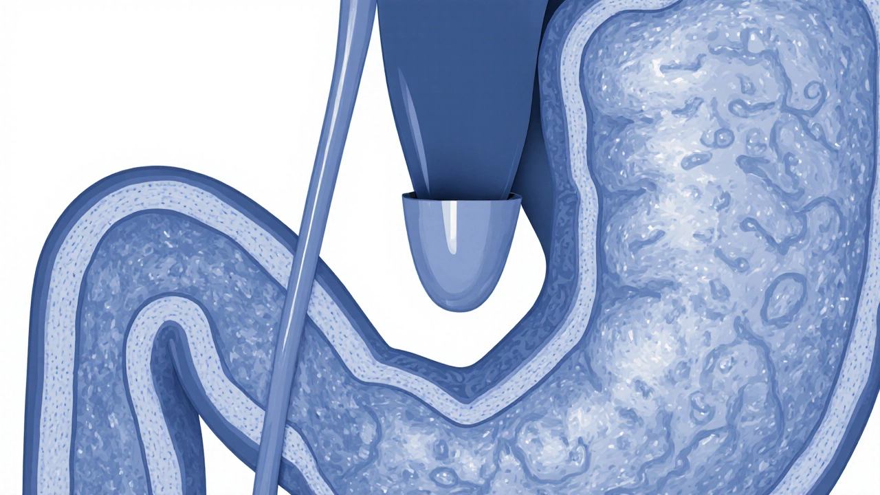 Průřez trávicího traktu s jemně procházející keramickou zubní fazetou.