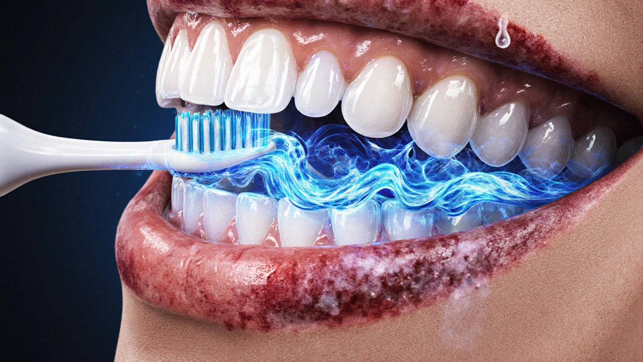 Průřez úst s mikroskopickými vlnami, které odstraňují plak z hlubokých jamek a mezer.
