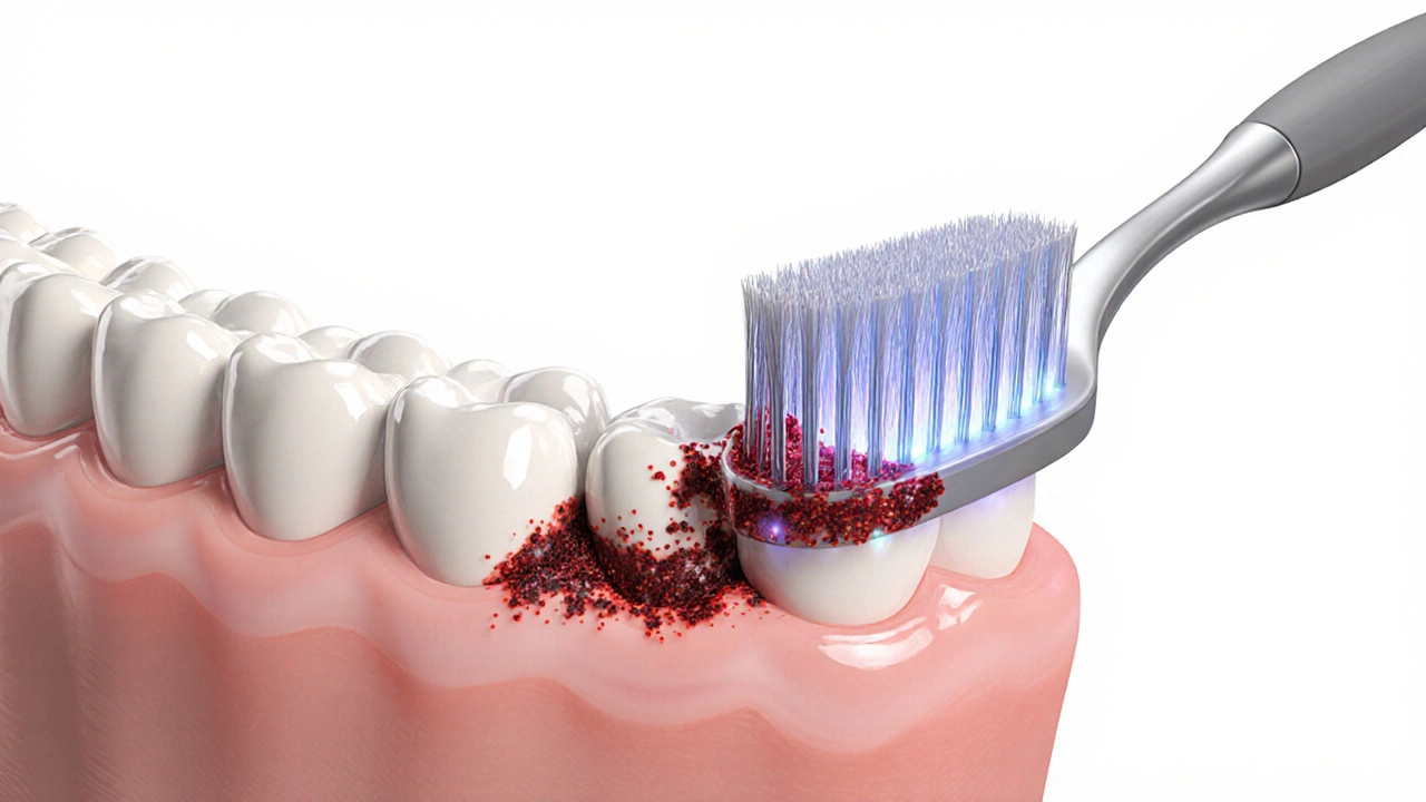 Průřez zubů s odstraněním zubního plaku pomocí Curaprox štětin oproti běžnému kartáčku.