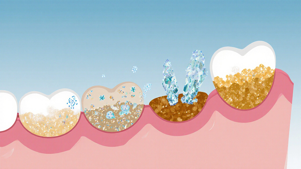 Průřez zubu ukazující přeměnu plaku na zubní kámen minerály ze slin.